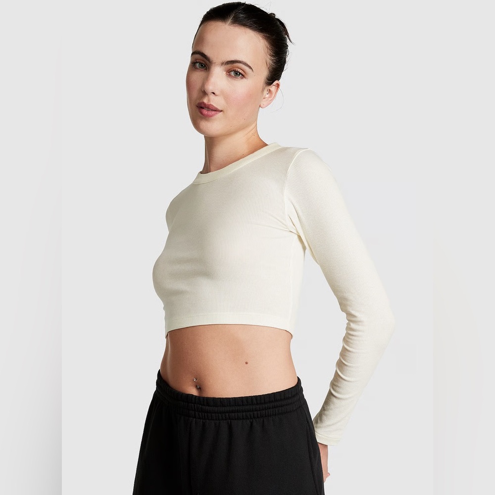 Victoria’s Secret PINK Ribbed Long Sleeve Crop Top Cream Size Large